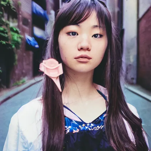 Prompt: a perfect 8K HD professional photo of close-up japanese schoolgirl posing in sci-fi dystopian alleyway, at instagram, Behance, Adobe Lightroom, with instagram filters, taken with polaroid kodak portra