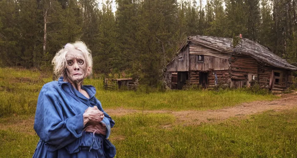 Prompt: portrait of an ugly old woman with sinister face and dirty clothes standing outside of an old cabin, forrest in the background, blurry background, moody, utopian looking, 80s, hyperrealistic, dramatic lighting, cinematic, matte painting, vivid