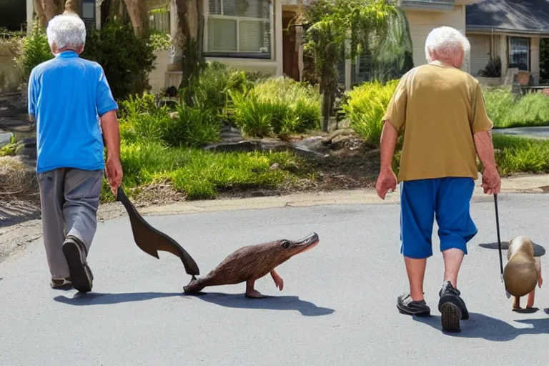 Image similar to Old man walking his platypus on a residential street