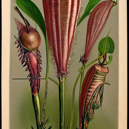 Prompt: 1860 botanical illustration of a carnivorous plant with human legs, high detail, painted colour