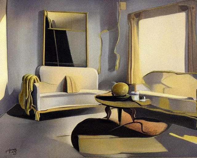 Image similar to a painting of a minimalistic living room by salvador dali, cgsociety, fantastic realism, surrealist, detailed painting