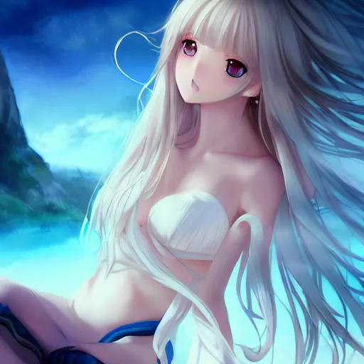 Prompt: a very beautiful anime cute girl, full body, long wavy blond hair, sky blue eyes, full round face, short smile, fancy top, miniskirt, front view, medium shot, mid-shot, laying in bed, highly detailed, cinematic wallpaper by Stanley Artgerm Lau