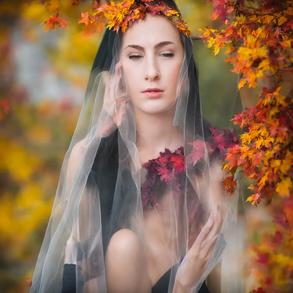 Prompt: highly detailed colorful and playful portrait fashion photography of a gazing face, wearing a widow's veil, in autumn, 105mm f2.8