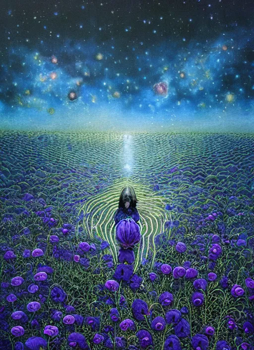 Image similar to detailed, intricate blue black and purple papaverum flower on the field, nebula, galaxy in the sky, winning award masterpiece, fantastically beautiful, illustration, aestheticly inspired, jacek yerka, upscale with anguissola sofonisba work, artstation, 8 k