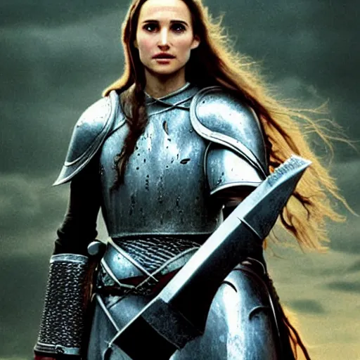 Image similar to a still from “ lord of the rings ” of a head and shoulders portrait of natalie portman ’ s sister as a heavily armored paladin with a flaming sword, photo by phil noto