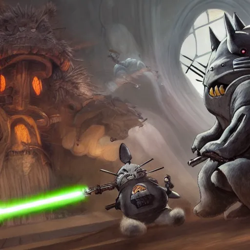 Prompt: totoro jedi slaying a sith lord, intricate detail, royo, klimt, miro, vallejo, frazetta, giger, whealan, hd, unreal engine,