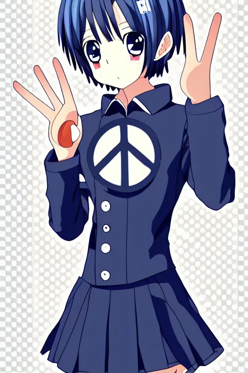 Image similar to full body anime portrait of a cute android girl round eyes long hair dressed in a school uniform inside the school, peace sign, stunning, highly detailed, anatomically correct