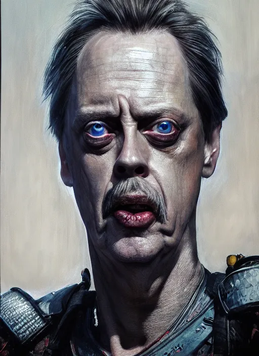 Prompt: portrait of steve buscemi as a scheming warlord character in mad max 2 : the road warrior, film still, detailed realism face in painting, detailed beautiful portrait, oil painting masterpiece, 8 k resolution, smooth, sharp focus, trending on artstation, by rembrandt