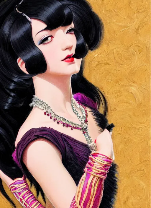 Image similar to a beautiful dancer with black hair in 1920's fashion, living room background, intricate, highly detailed, digital painting, artstation, official media, anime key visual, concept art, rich vivid colors, ambient lighting, sharp focus, illustration, art by Artgerm, Makoto Shinkai, Ilya Kuvshinov, Lois Van Baarle, and Rossdraws