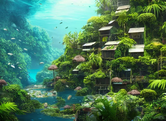 Image similar to overgrown tropical foliage overtaking japanese favela, underwater environment, borealis, scenery, professional, award - winning, trending on artstation, hyper detailed, realistic, beautiful, emotional, shiny, golden, picture