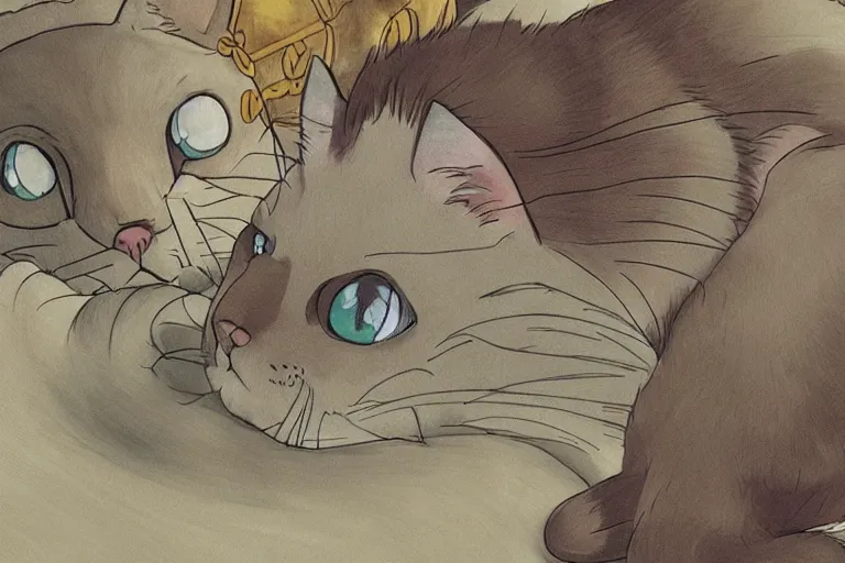 Image similar to a cat dreaming of chaos, studio ghibli, detailed