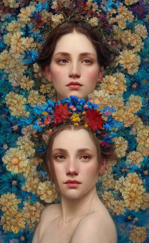 Image similar to a oil painting hyperrealism of a beautiful woman on a white background, flowers, painted by mucha, floral headdress, 8 k resolution, octane render, trending on artstation, volumetric light 2 blue fractal thunder glow by dan mumford, anaglyph effect, laurie lipton