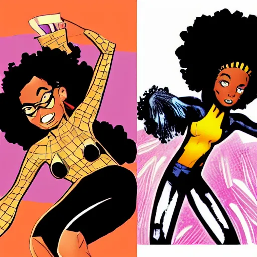 Image similar to comic book hero black girl with Afro, tall and slim figure, brown skinned brown eyes full lips,comic book style, Stan lee,