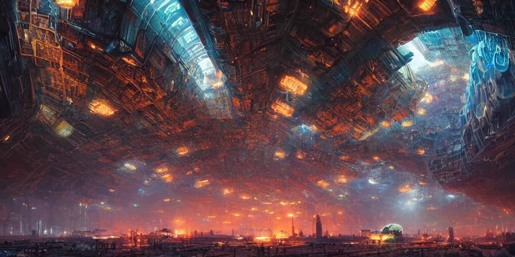 Prompt: a vibrant night market on the edge of space, in a massive cavernous iron city, neon light, mandelbulb architecture, flags, colossal arcing metal structures high in the cavernous metal interior, sci - fi, beautiful, awe inspiring, by james gurney, greg rutkowski, sparth, cinematography, cinematic masterpiece