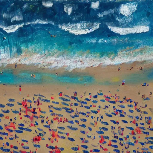 Prompt: a birdseye painting by Sally West of people on a beach from above, featured on tumblr, action painting, oil on canvas, painterly