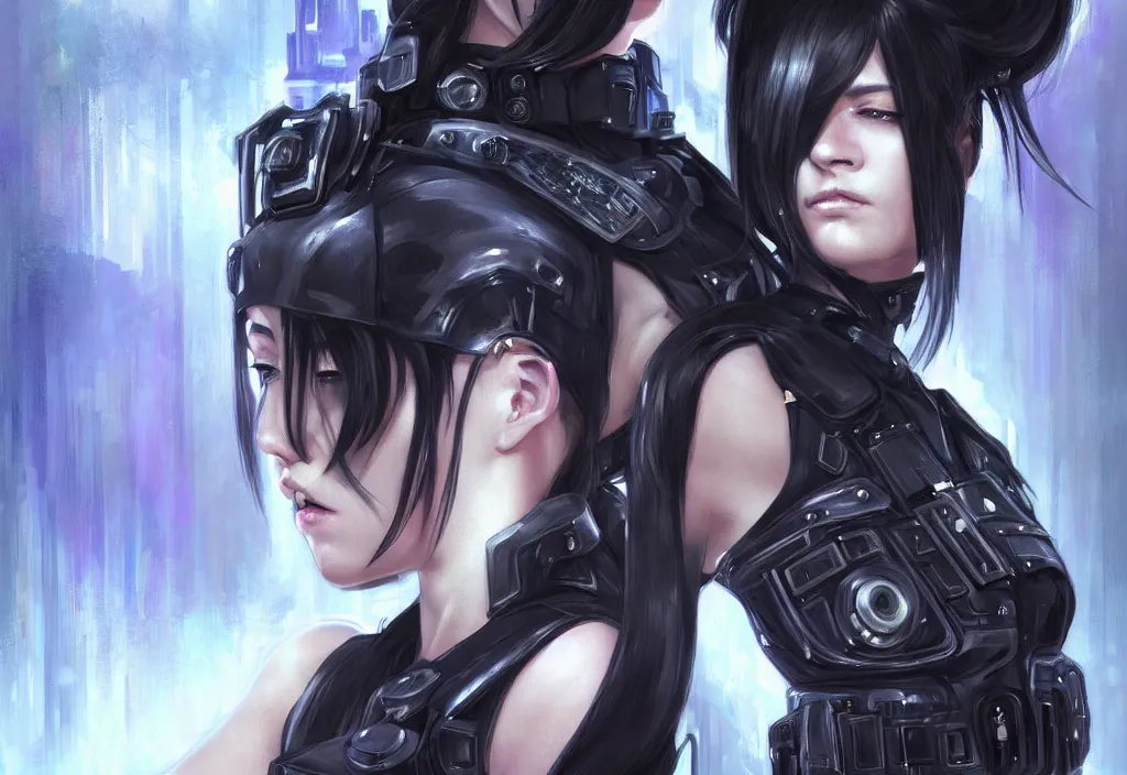 Image similar to portrait chill black hair of futuristic symmetrical face female police, black armored uniform, tatoo, at rooftop futuristic cyberpunk feel tokyo, ssci - fi and fantasy, neon light, intricate and very very beautiful, digital painting, artstation, concept art, smooth and sharp focus, illustration, art by tian zi and wlop and alphonse mucha, frostbite engine