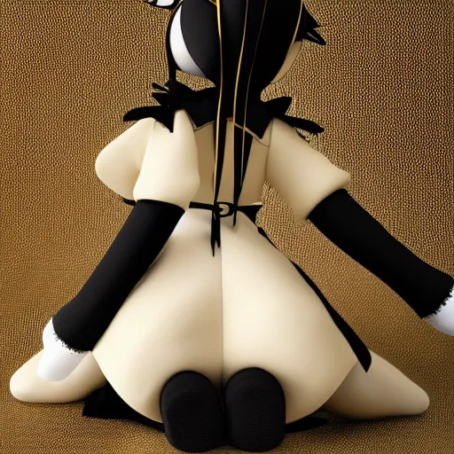 Image similar to cute fumo plush of a gothic maiden in a black and gold uniform, laces and ribbons, soft shadow, anime girl, vray, symmetry, white frame