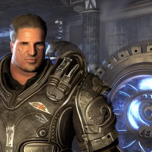 Prompt: markus phoenix from gears of war joining the rotary club