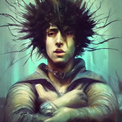 Image similar to !dream Infernopunk Spike Spiegel Magician Portrait portrait portrait Dungeon Exterior Man TheWitcher3WildHunt TheElderScrollsOblivion Cover Art Face Head Eyes Snack Warlock Wearing Flame Vest Ismail Inceoglu Arnold Bocklin Jakub Rebelka dug stanat Anime Brushstrokes Oil Painting Impasto