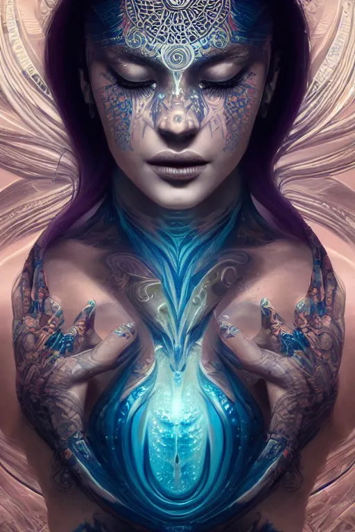 Image similar to a centered render of an alluring futuristic goddess with tribal tattoos surrounded by a underwater ink pour and flowing liquid gallium and sacred geometry, perfect body and face, powerful, cinematic, beautifully lit, by artgerm, by karol bak, 3 d, trending on artstation, octane render, 8 k