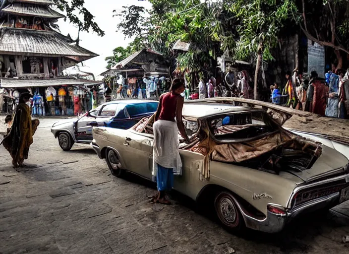 Prompt: a couple are in a chevrolet impala at kamakhya temple, guwahati city ; headlights of a car shine on a strange canyon road, she looks at him with a strange look in her eyes, it's the dead of night, in a distance the lights of a city light the night's sky