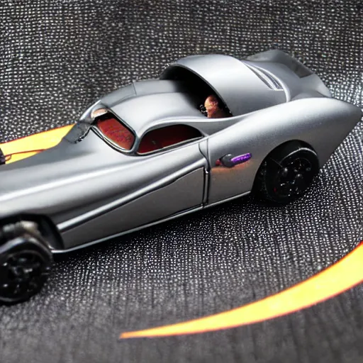 Image similar to 5 5 mm photo of metallic black batman car like hot wheels model with a batcave as background