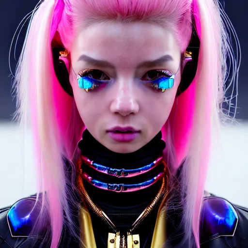 Prompt: hyperdetailed close portrait of a stunningly beautiful pink cyberpunk cute european girl made of metals and shiny iridescent gems, dark rainbow nimbus, gold necklace, puffer jacket, inspired by ross tran and masamune shirow and kuvshinov, intricate, photorealistic, octane render, rtx, hdr, unreal engine, dnd digital art by artgerm