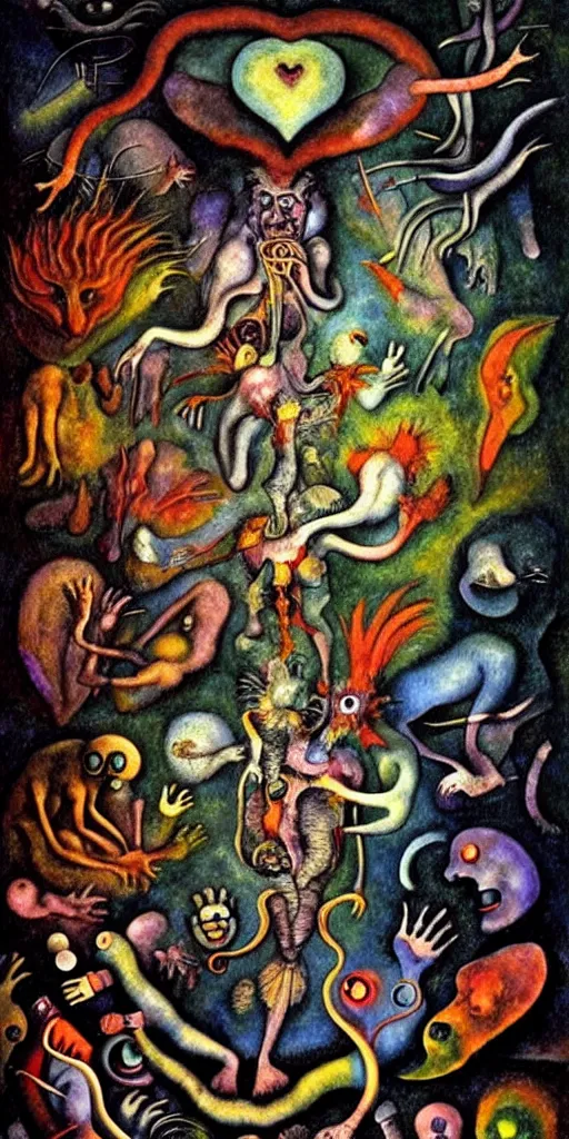 Image similar to mythical creatures and monsters in the visceral anatomical human heart imaginal realm of the collective unconscious, in a dark surreal mixed media oil painting by bosch and kandinsky, dramatic lighting from inner fire