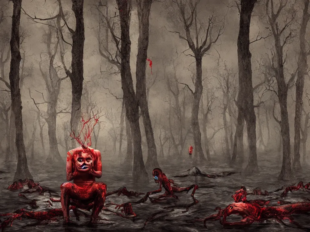 Image similar to a portrait of a man with five heads, twelve arms, sitting on chair made of human limbs, the chair is floating in a lake of blood, around the lake are melting trees, the man's limbs are merging with the trees, digital art, hyperrealistic nightmare scene, supernatural, highly detailed, creepy, terrifying