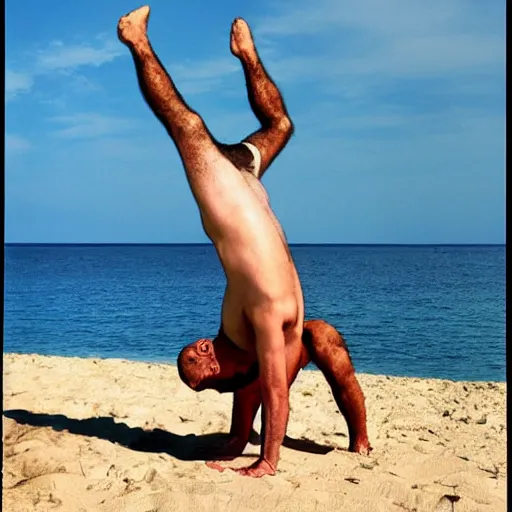 Image similar to benjamin netanyahu doing a headstand at the beach, rich colors, warm, summer