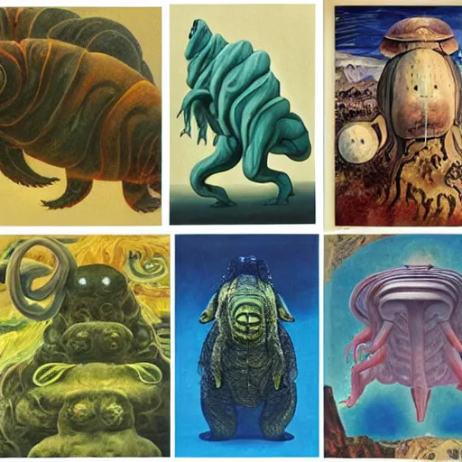 Image similar to a giant tardigrade kaiju retro japanese, monster slimy, oil painting, 7 0 s vintage art, by georgia o keeffe, by kay nielsen, by gustave dore, by frank frazetta, nausicaa, collage, by james gurney