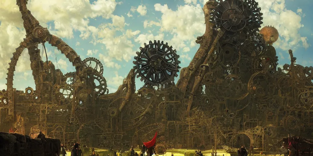 Image similar to giant gears floating in the sky, clockwork, giant mechanisms, industry, villages castles, buildings vista artstation illustration sharp focus sunlit vista painted by ruan jia raymond swanland lawrence alma tadema zdzislaw beksinski norman rockwell tom lovell alex malveda greg staples