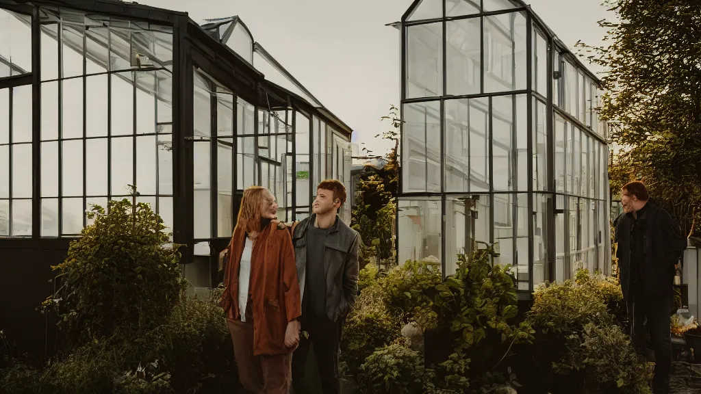 Image similar to a couple, green house, quiet street, reykjavik, sunset lighting, rim light, hyper realistic, 1 0 5 mm, cinematic frame