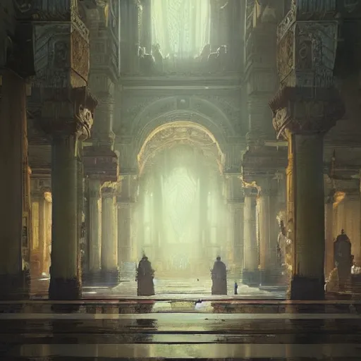 Image similar to the inside of a god palace by greg rutkowski, trending on artstation, aesthetic