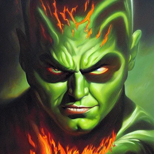 Image similar to detailed portrait of timothy chalemet as green lantern demon on fire intricate, hyper detailed, realistic, oil painting, by julie bell, frank frazetta, cinematic lighting