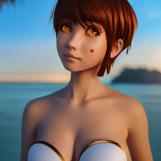Image similar to Render of a very beautiful 3d anime girl, short hair, golden eyes, cute freckles, full round face, short smile, slim bikini, golden hour, serene beach setting, sun setting in the back, medium shot, mid-shot, highly detailed, trending on Artstation, Unreal Engine 4k