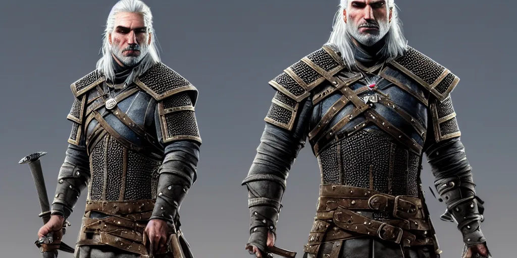 Prompt: geralt of rivia new costume concept design with metal sholders and ornaments on the armor, witcher wild hunt, fashion, colors with gold and dark blue, concept art, by artgerm, greg rutkowski, cinematic light, featured on artstation, octane render, sharp focus, ray tracing, artstationhq, cgsociety, 8 k.