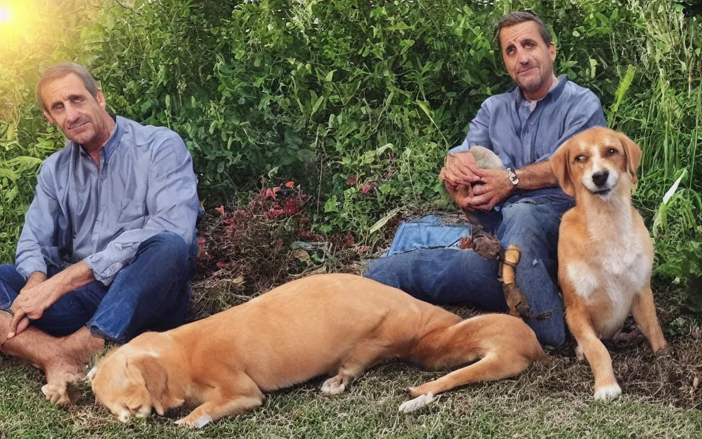 Image similar to My dad Steve just took a hit from the bongo and have good time being gracefully relaxed in the garden, sunset lighting. My second name is Carell. My dad second name is Carell. Im the dog and Steve Carell is my dad. Detailed face