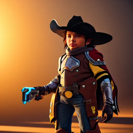 Image similar to a young boy with the appearance and armor of mccree from overwatch, design, octane render, 4 k, ingame shot