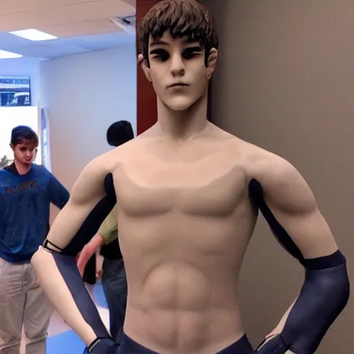 Image similar to “a realistic detailed photo of a guy who is an attractive humanoid who is half robot and half humanoid, who is a male android, American freestyle and folkstyle wrestler Daton Fix, shiny skin, posing like a statue, blank stare, at college, on display”