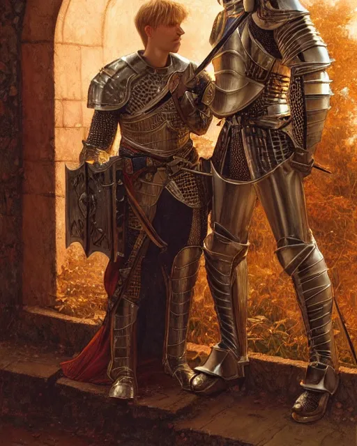 Prompt: attractive arthur pendragon confesses his love to his attractive male knight, they are close to each other, in a quiet moment highly detailed, very intricate, cinematic lighting, by donato giancola and rossdraws and magali villenueve, featured on artstation