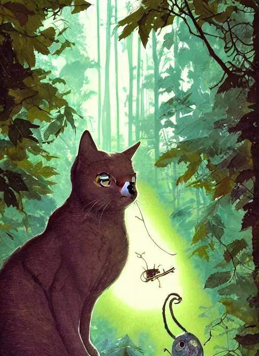 Prompt: a hyper realistic ink cat alien technology and sunbeams blue sky, lush forest foliage painting by chiara bautista and norman rockwell and greg rutkowski weta studio, and lucasfilm