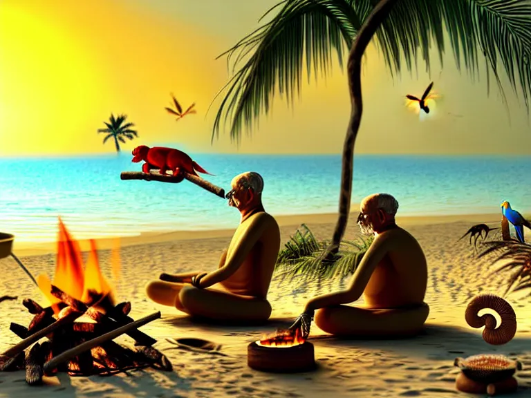 Prompt: gandhi sitting on a beach next to a campfire with palm trees in the back, holding a cigar, sunset, surrounded by different animals, parrots, turtle, lizard, crab, coconuts,, glorious lighting, epic environment, highly detailed, digital art, hyper realistic, beautiful, 8 k, trending on deviantart