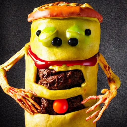 Image similar to a humanoid bipedal upright zombie that strongly resembles a hamburger, professional food photography