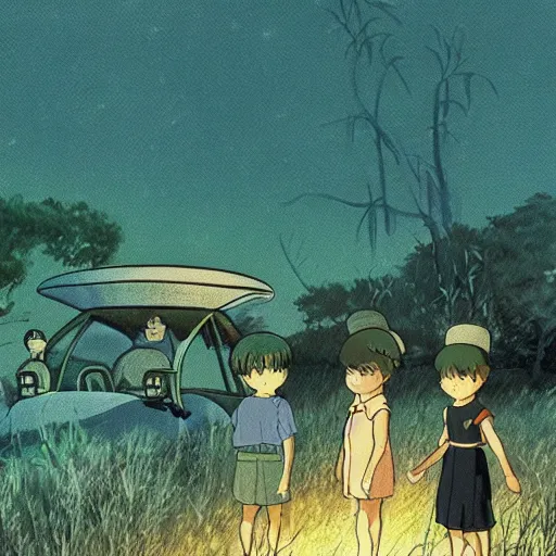 Image similar to Film still from Graveyard of the Fireflies (1988), evening, Studio Ghibli, Artstation