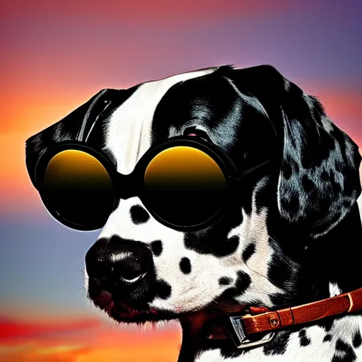 Prompt: portrait digital art of a dalmatian dog smoking with sunglasses, in the sunset, beautiful light 8 k