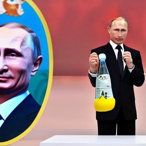 Prompt: vladimir putin giving a bottle shaped like a missile to a baby with the face of zelensky in his arms