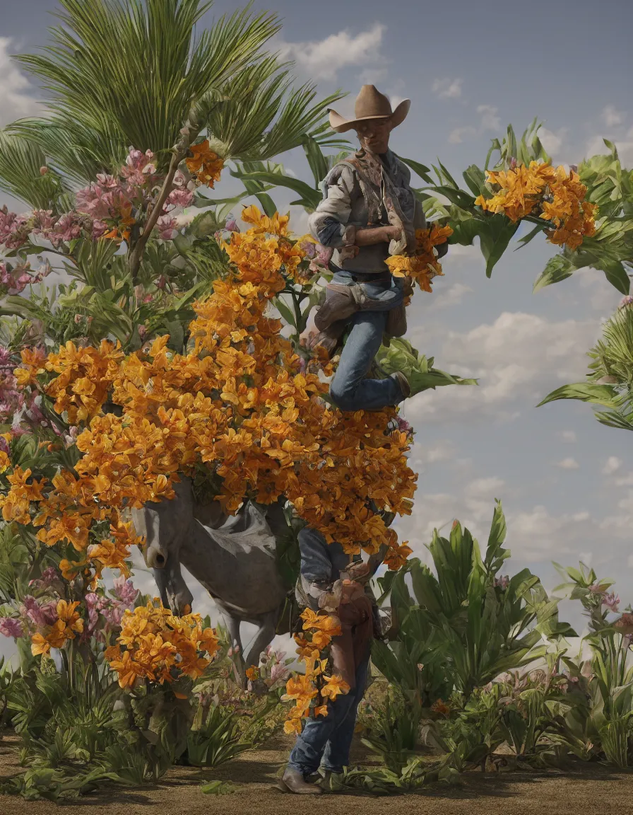 Prompt: a cowboy turning into blooms. tropical sea slugs, tractor tires. complementary colors. national geographic. 8 k, rendered in octane, smooth gradients. sculpture by antonio canova