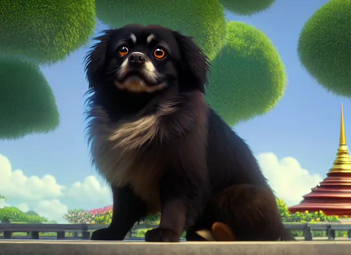 Image similar to a wholesome animation key shot of a black tibetan spaniel, thai temple in the background, studio ghibli, pixar and disney animation, sharp, rendered in unreal engine 5, anime key art by greg rutkowski, bloom, dramatic lighting