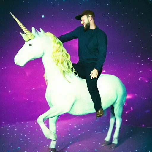 Image similar to justin timberlake riding a pink unicorn in space, cinestill 8 0 0 t, award winning photograph, taken in 1 9 9 9